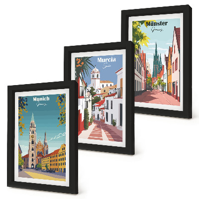 Triptyk tavla med ram Europeiska städer i färgglada illustrationer