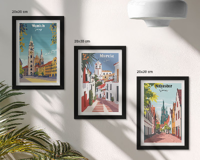 Triptyk tavla med ram Europeiska städer i färgglada illustrationer