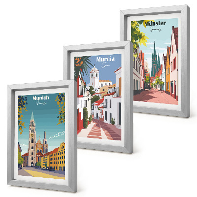 Triptyk tavla med ram Europeiska städer i färgglada illustrationer