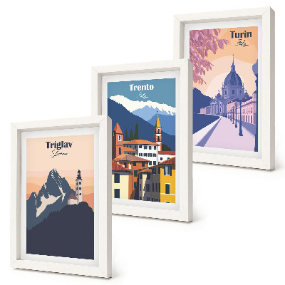 Posterpaket Berg och färgglada illustrationer i retroarkitektur