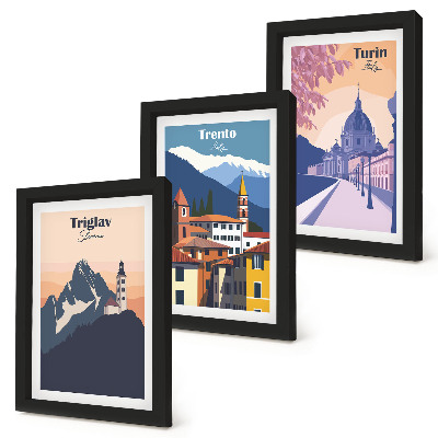 Posterpaket Berg och färgglada illustrationer i retroarkitektur