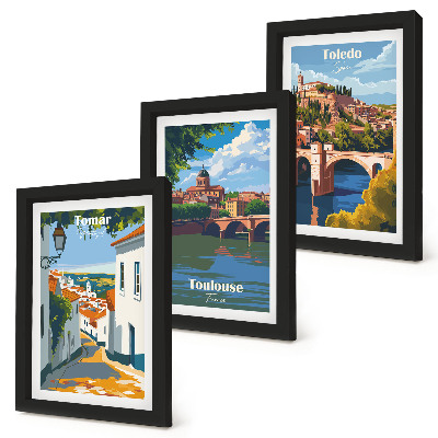 Triptyk tavla med ram Retrografik av kända städer