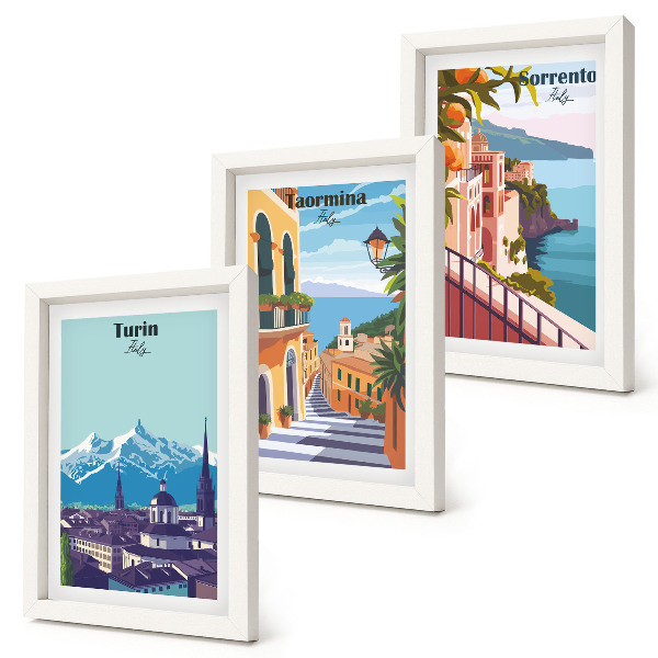 Triptyk tavla med ram Färgglada, illustrativa stadslandskap i retrostil