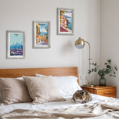 Triptyk tavla med ram Färgglada, illustrativa stadslandskap i retrostil
