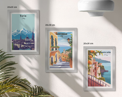 Triptyk tavla med ram Färgglada, illustrativa stadslandskap i retrostil