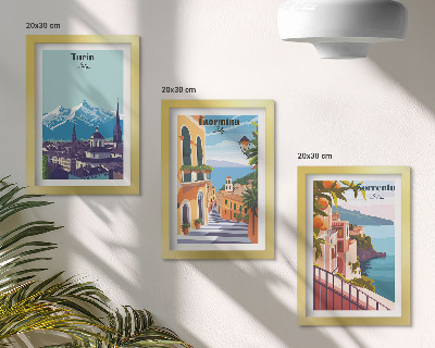 Triptyk tavla med ram Färgglada, illustrativa stadslandskap i retrostil
