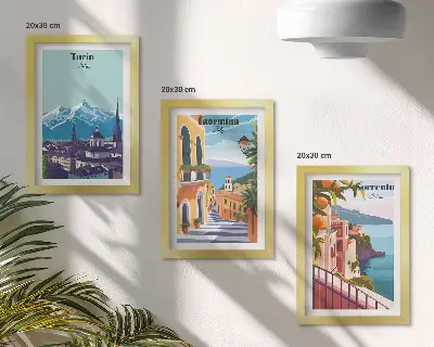 Triptyk med ram färgglada stadslandskap i retrostil