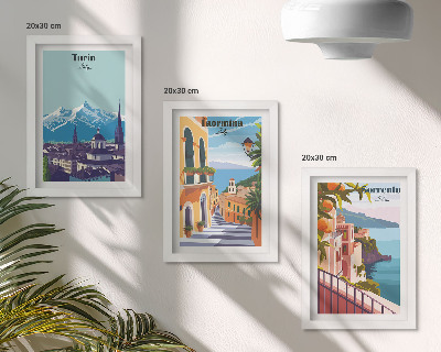 Triptyk tavla med ram Färgglada, illustrativa stadslandskap i retrostil