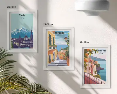 Triptyk med ram färgglada stadslandskap i retrostil