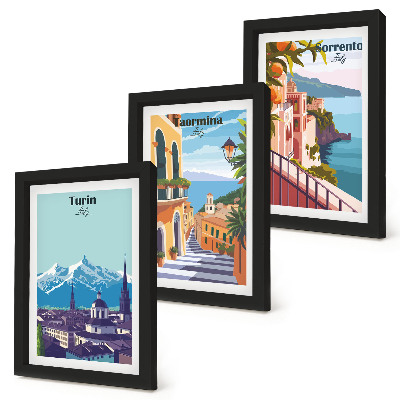 Triptyk tavla med ram Färgglada, illustrativa stadslandskap i retrostil