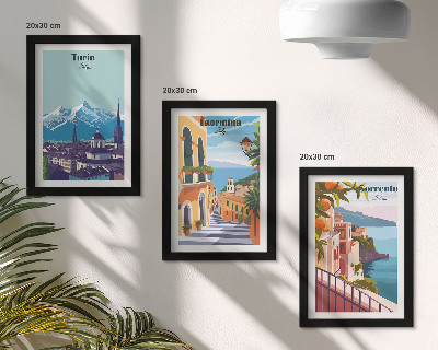 Triptyk tavla med ram Färgglada, illustrativa stadslandskap i retrostil