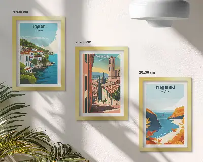 Tavelvägg med 3 tavlor med motiv av pittoreska landskap i retrostil