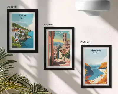 Tavelvägg med 3 tavlor med motiv av pittoreska landskap i retrostil