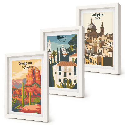 Triptyk tavla med ram Retro stadsbilder av Sedona, Sintra och Valletta