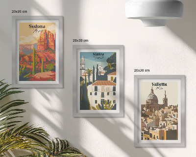 Triptyk tavla med ram Retro stadsbilder av Sedona, Sintra och Valletta