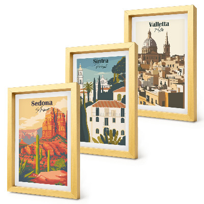 Triptyk tavla med ram Retro stadsbilder av Sedona, Sintra och Valletta
