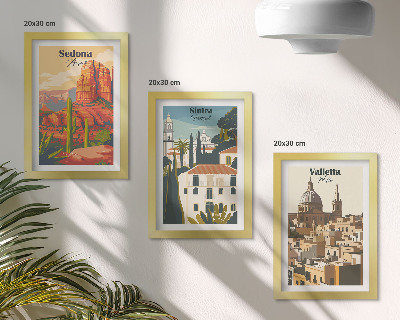 Triptyk tavla med ram Retro stadsbilder av Sedona, Sintra och Valletta