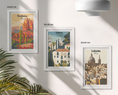 Triptyk tavla med ram Retro stadsbilder av Sedona, Sintra och Valletta