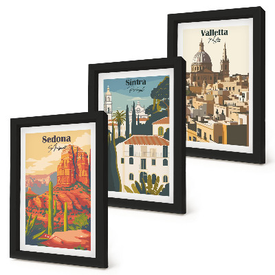 Triptyk tavla med ram Retro stadsbilder av Sedona, Sintra och Valletta