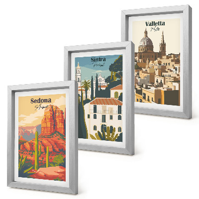Triptyk tavla med ram Retro stadsbilder av Sedona, Sintra och Valletta