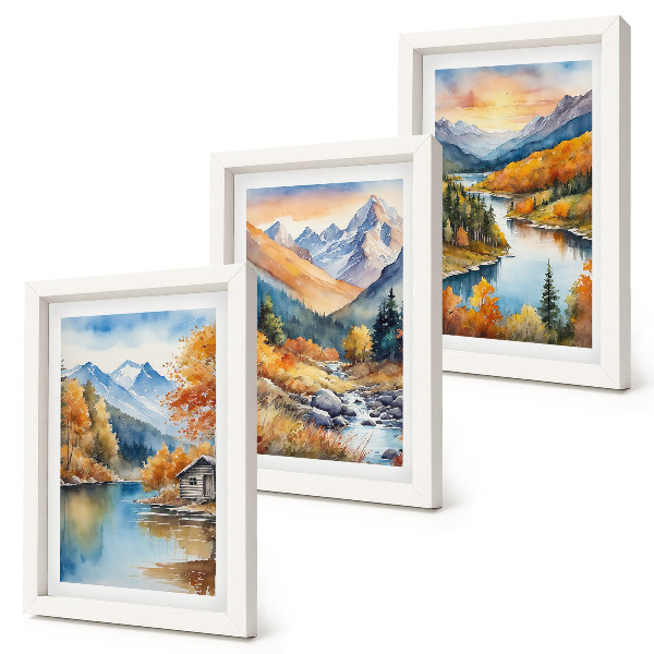 Triptyk tavla med ram Berglandskap med en flod och höstträd