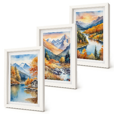 Triptyk tavla med ram Berglandskap med en flod och höstträd