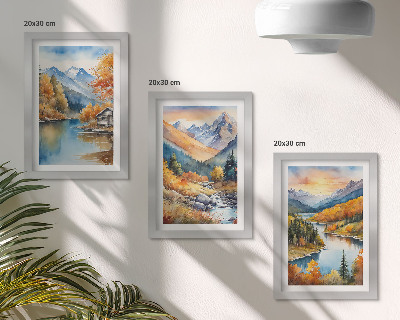 Triptyk tavla med ram Berglandskap med en flod och höstträd