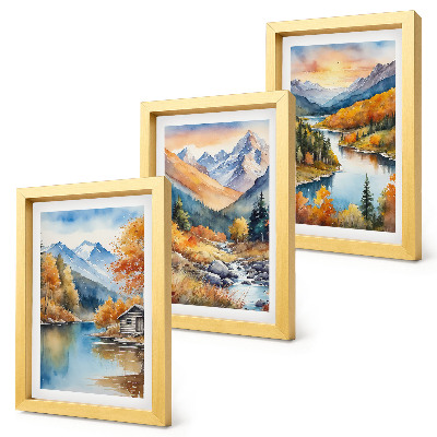 Triptyk tavla med ram Berglandskap med en flod och höstträd