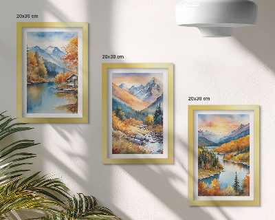 Triptyk tavla med ram Berglandskap med en flod och höstträd
