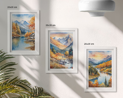 Triptyk tavla med ram Berglandskap med en flod och höstträd
