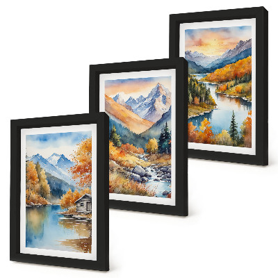 Triptyk tavla med ram Berglandskap med en flod och höstträd