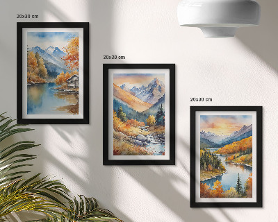 Triptyk tavla med ram Berglandskap med en flod och höstträd