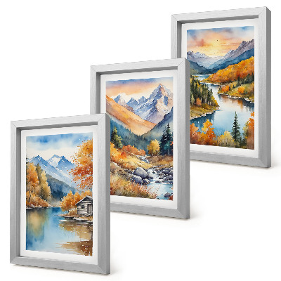 Triptyk tavla med ram Berglandskap med en flod och höstträd