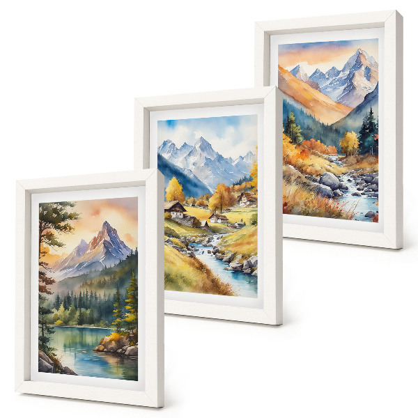 Posterpaket Ett bergslandskap med en flod och stugor i höstfärger