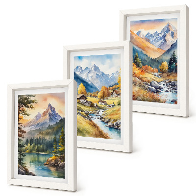 Posterpaket Ett bergslandskap med en flod och stugor i höstfärger