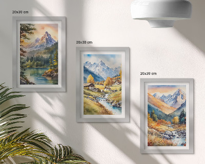 Posterpaket Ett bergslandskap med en flod och stugor i höstfärger