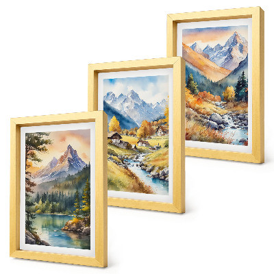 Posterpaket Ett bergslandskap med en flod och stugor i höstfärger