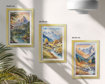 Posterpaket Ett bergslandskap med en flod och stugor i höstfärger