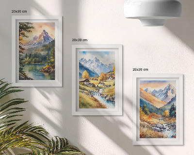 Posterpaket Ett bergslandskap med en flod och stugor i höstfärger
