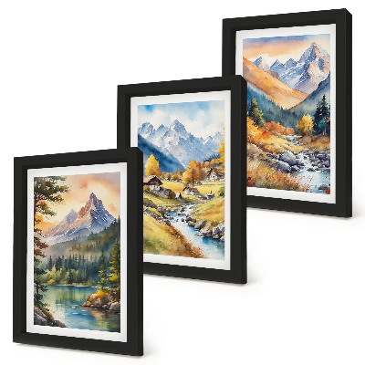 Posterpaket Ett bergslandskap med en flod och stugor i höstfärger