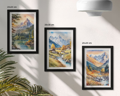 Posterpaket Ett bergslandskap med en flod och stugor i höstfärger