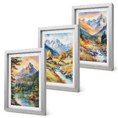 Posterpaket Ett bergslandskap med en flod och stugor i höstfärger
