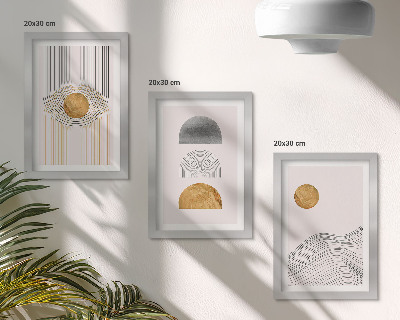 Triptyk tavla med ram Abstrakta former och linjer i nyanser av beige och grått