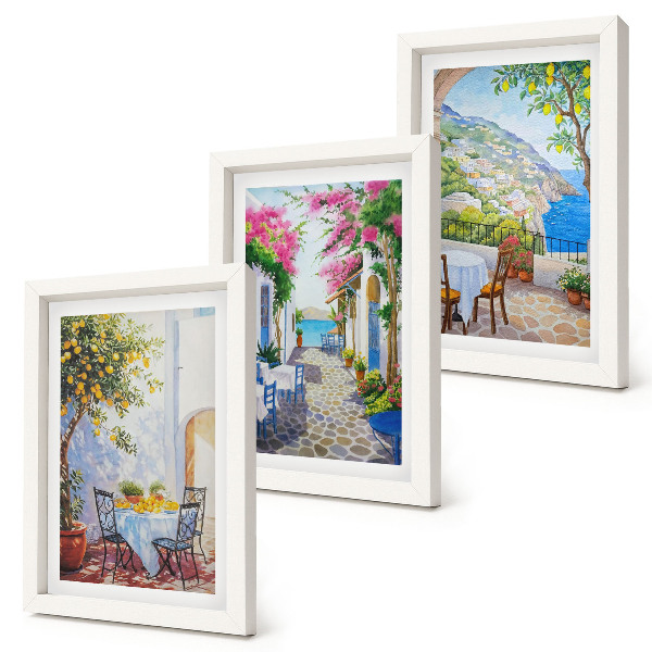Triptyk tavla med ram Charmiga gator med blommande växter och havsutsikt