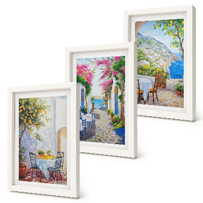 Triptyk tavla med ram Charmiga gator med blommande växter och havsutsikt