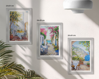 Triptyk tavla med ram Charmiga gator med blommande växter och havsutsikt