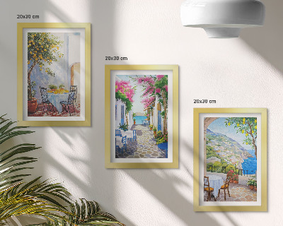 Triptyk tavla med ram Charmiga gator med blommande växter och havsutsikt