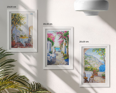 Triptyk tavla med ram Charmiga gator med blommande växter och havsutsikt