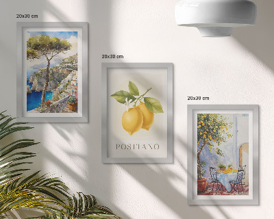 Tavelvägg med 3 tavlor Utsikt över Positano med citronträd i solen