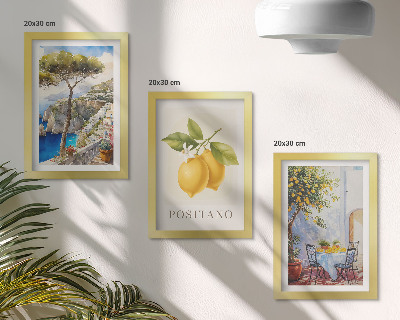 Tavelvägg med 3 tavlor Utsikt över Positano med citronträd i solen